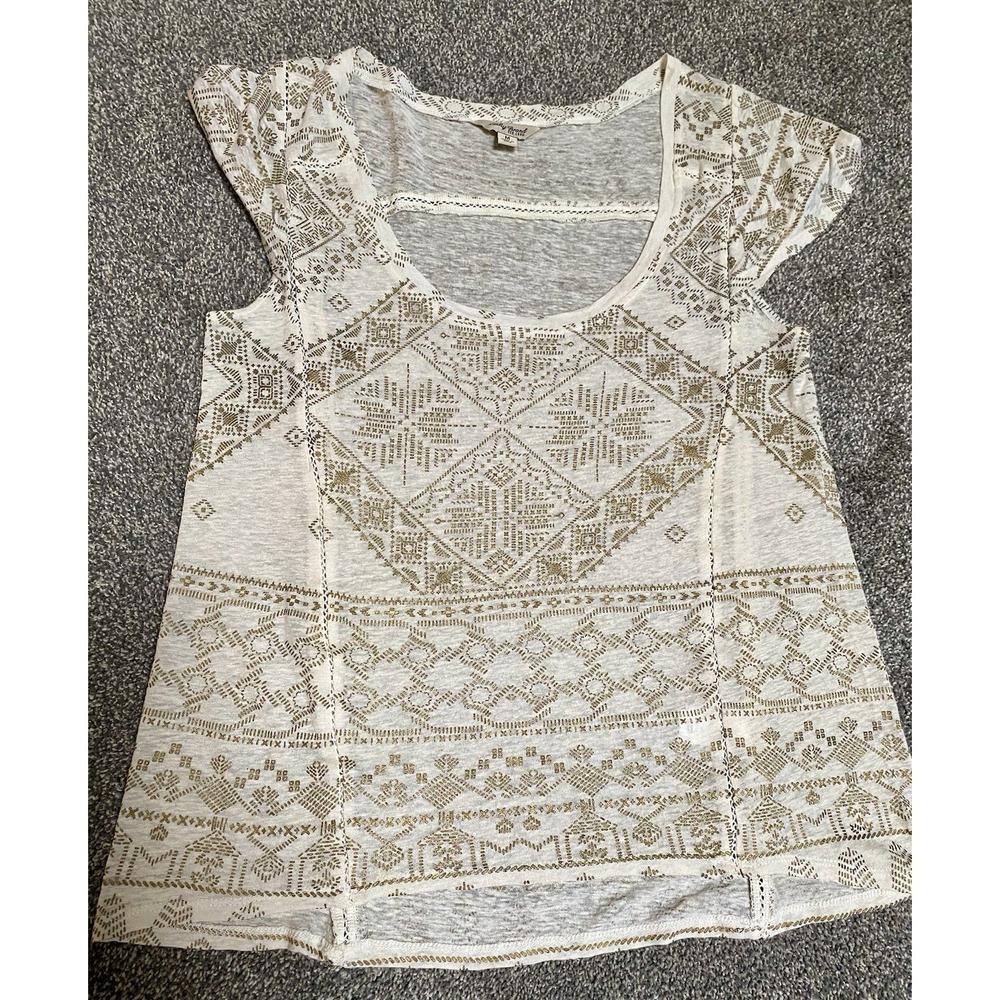 Lucky Brand Top Women's‎ M Gold Metallic Geo Print Linen Blend Shirt Top White